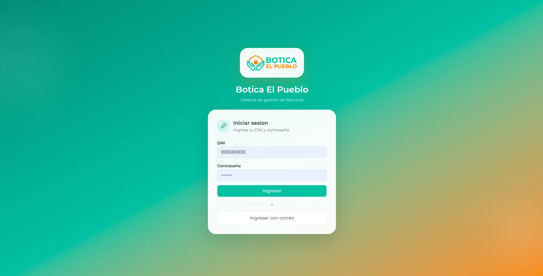 Pantalla de acceso del sistema Botica El Pueblo