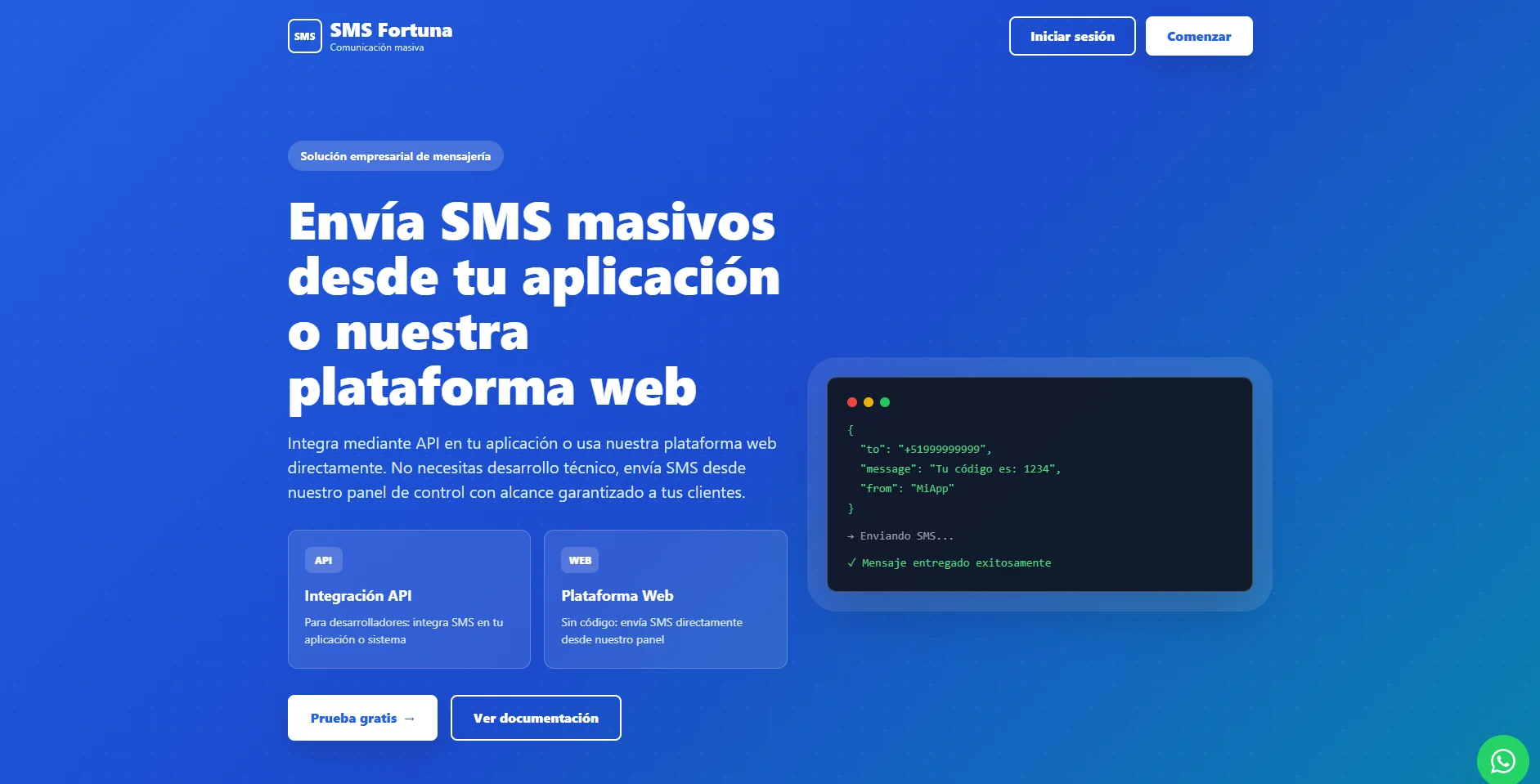 Captura de la landing del proyecto SMS Fortuna