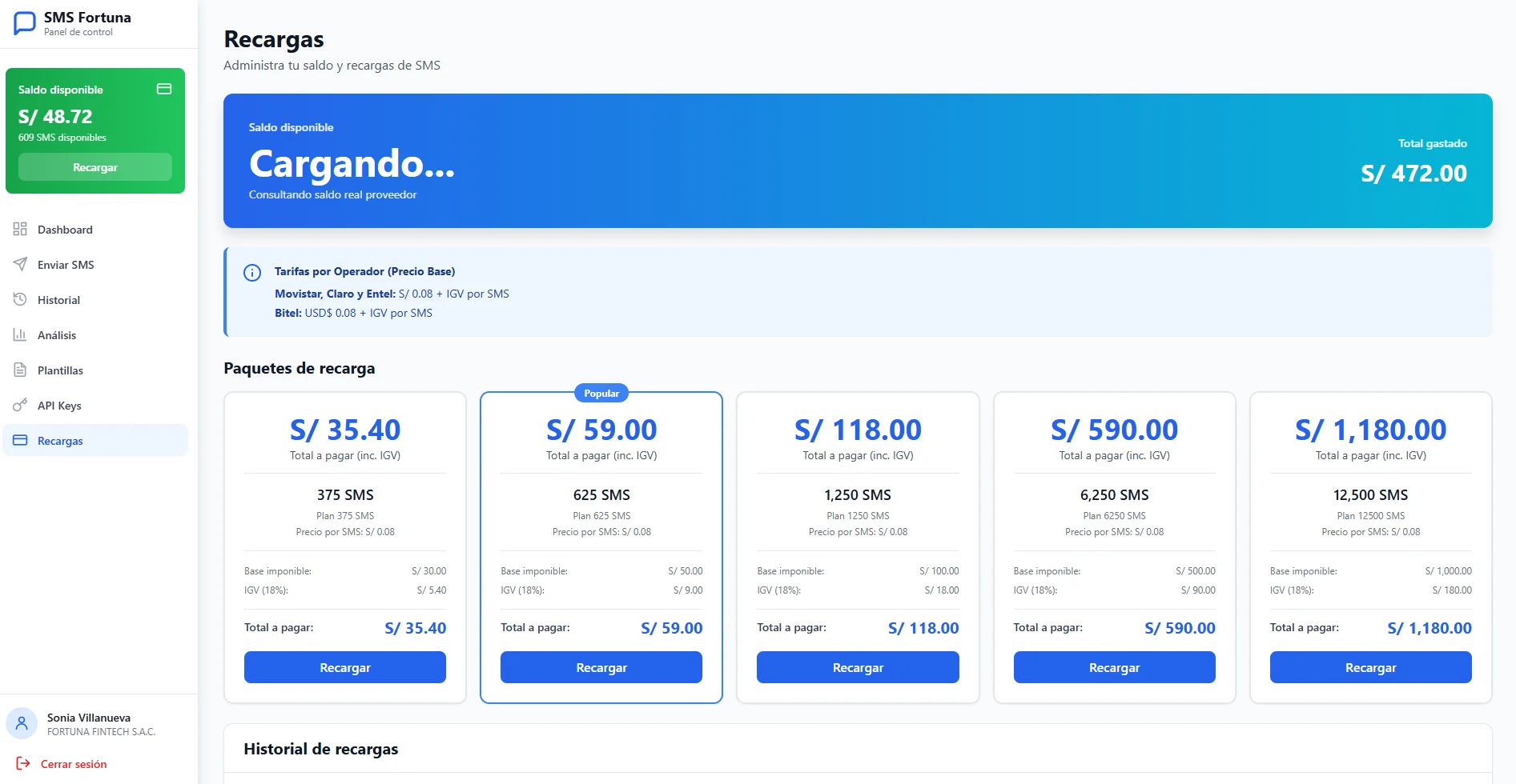 Pantalla de recargas del proyecto SMS Fortuna